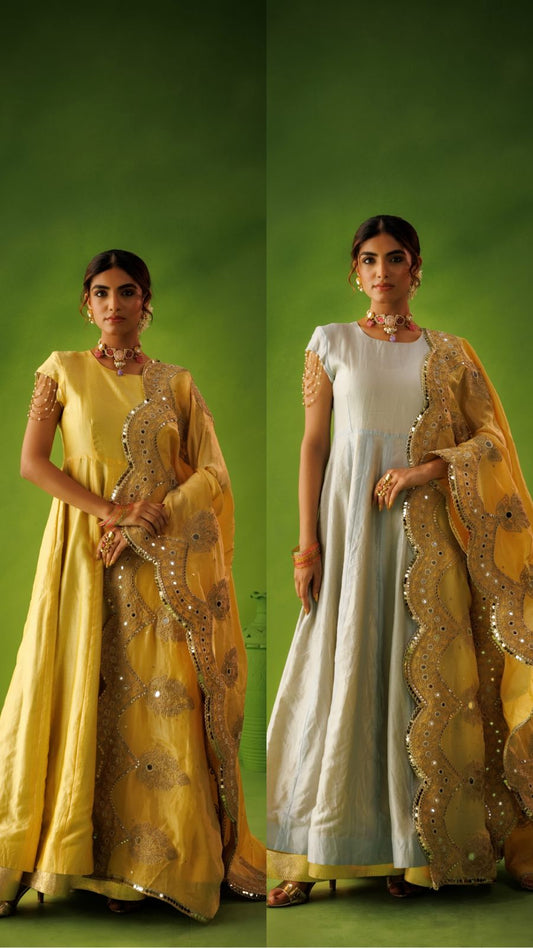 Powder Blue and Yellow Reversable Anarkali Set With Yellow Dupatta