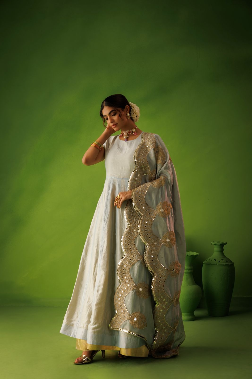 Powder Blue and Yellow Reversable Anarkali Set With Blue Dupatta