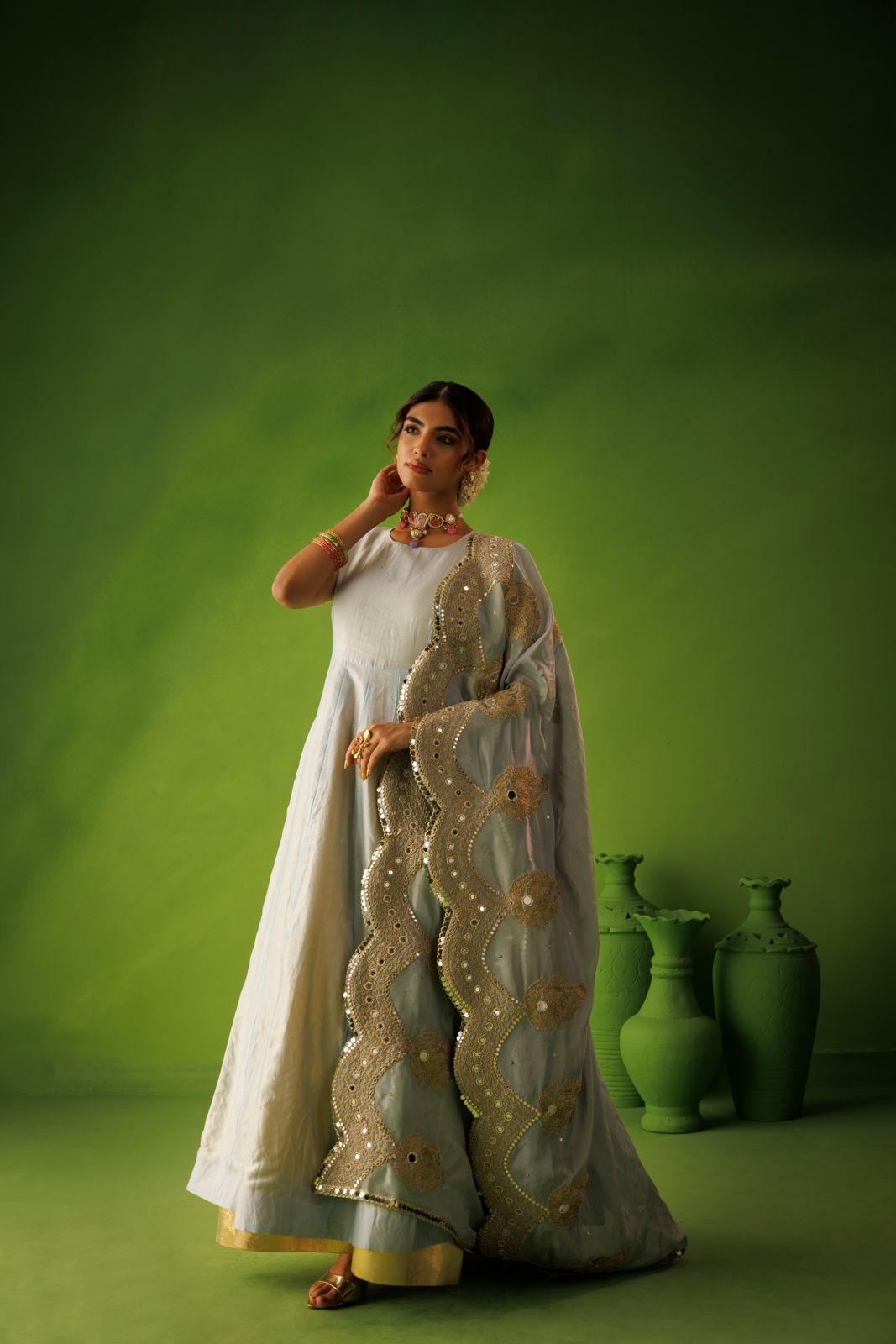 Powder Blue and Yellow Reversable Anarkali Set With Blue Dupatta