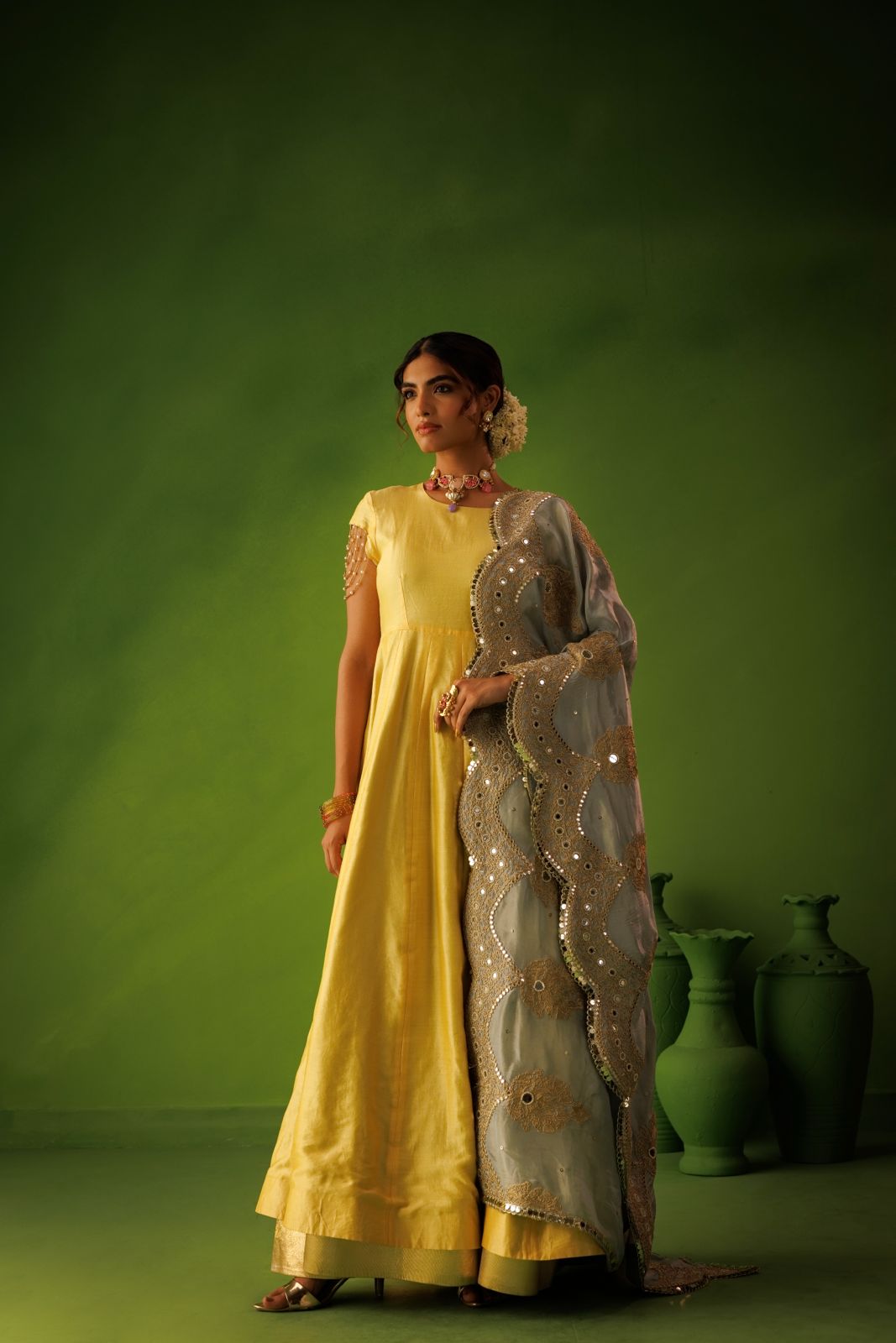 Powder Blue and Yellow Reversable Anarkali Set With Blue Dupatta