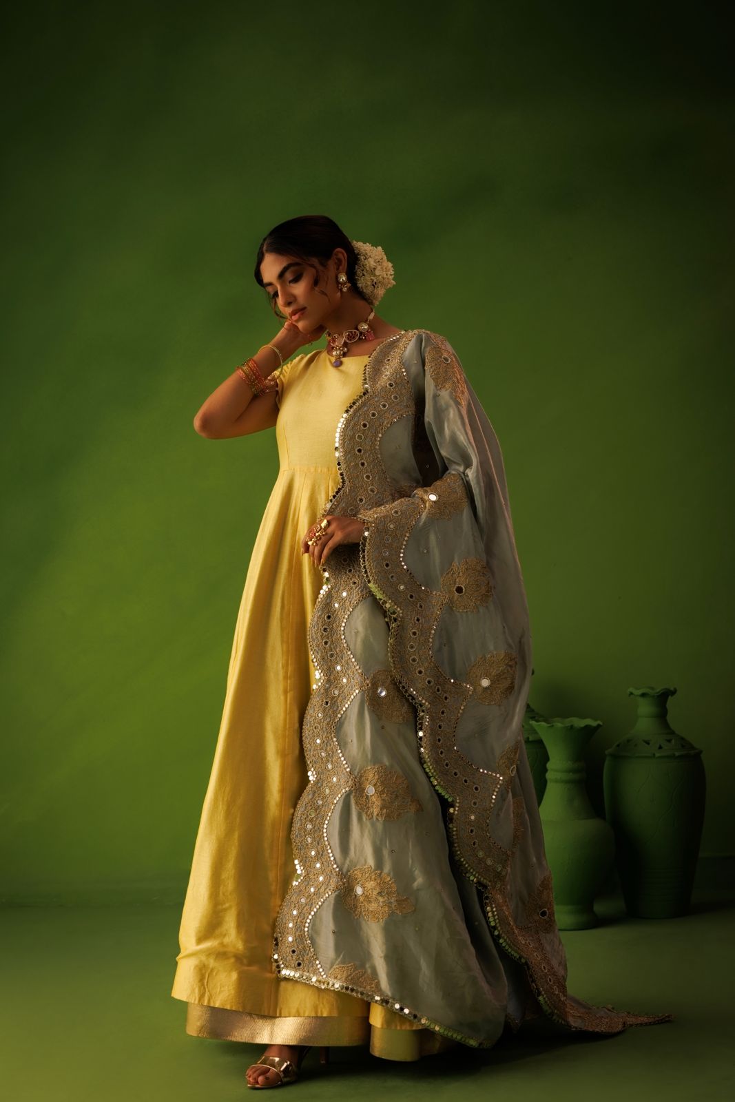 Powder Blue and Yellow Reversable Anarkali Set With Blue Dupatta