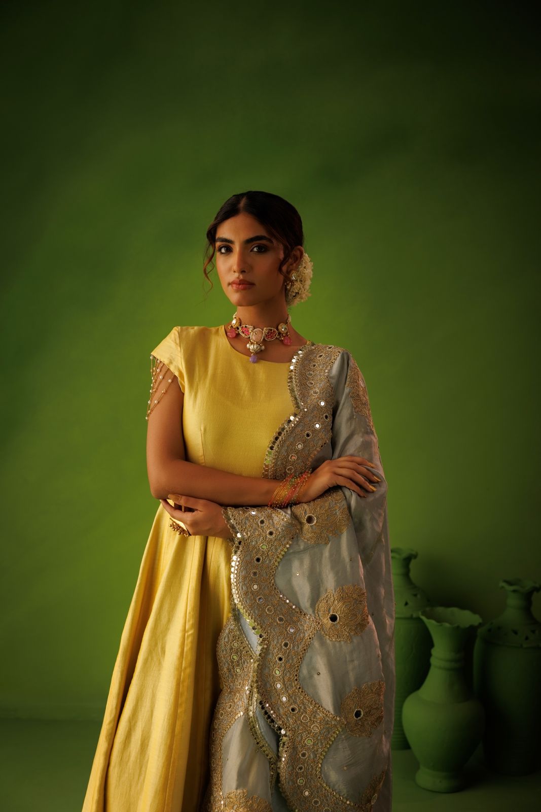 Powder Blue and Yellow Reversable Anarkali Set With Blue Dupatta