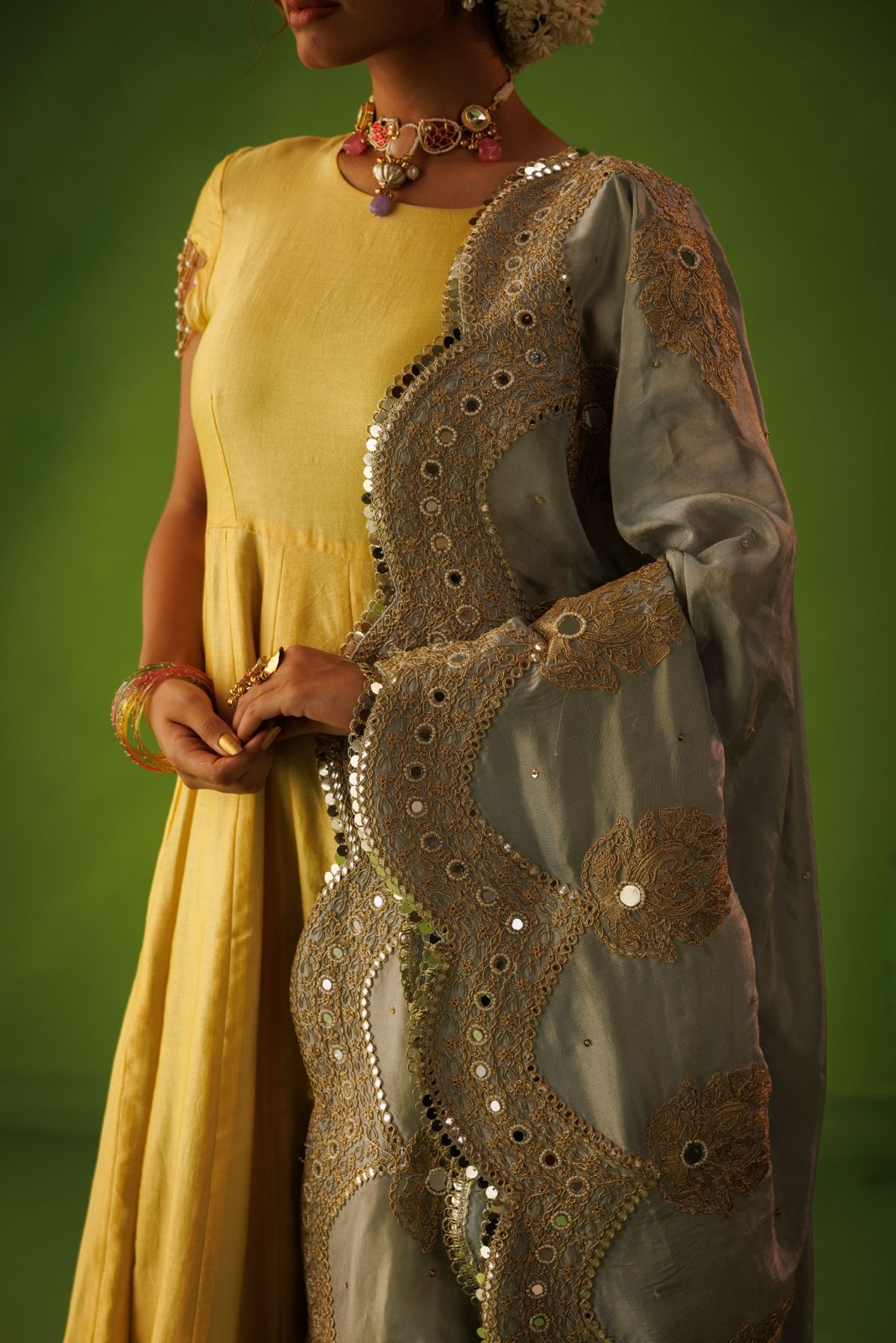 Powder Blue and Yellow Reversable Anarkali Set With Blue Dupatta