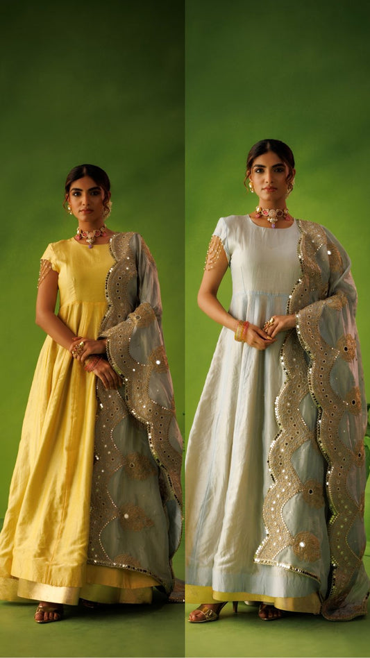 Powder Blue and Yellow Reversable Anarkali Set With Blue Dupatta
