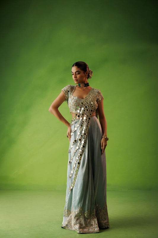 Powder blue mirror drape saree set