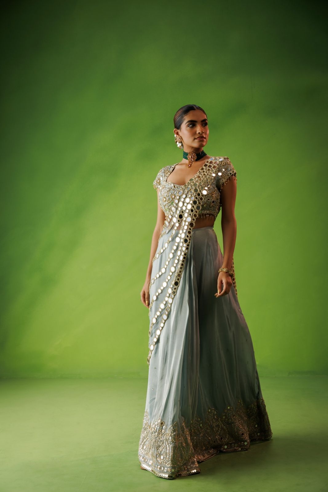 Powder blue mirror drape saree set