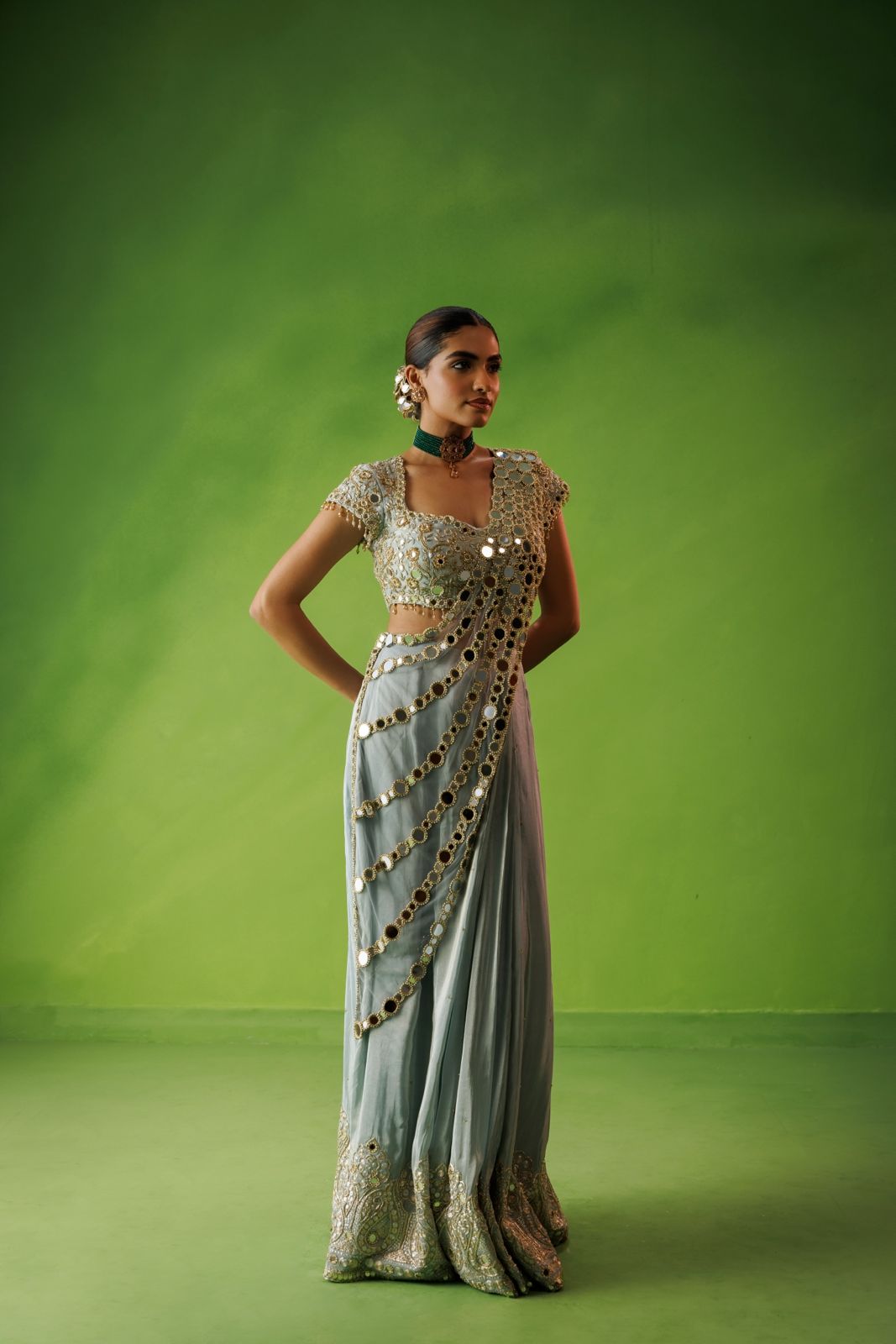 Powder blue mirror drape saree set