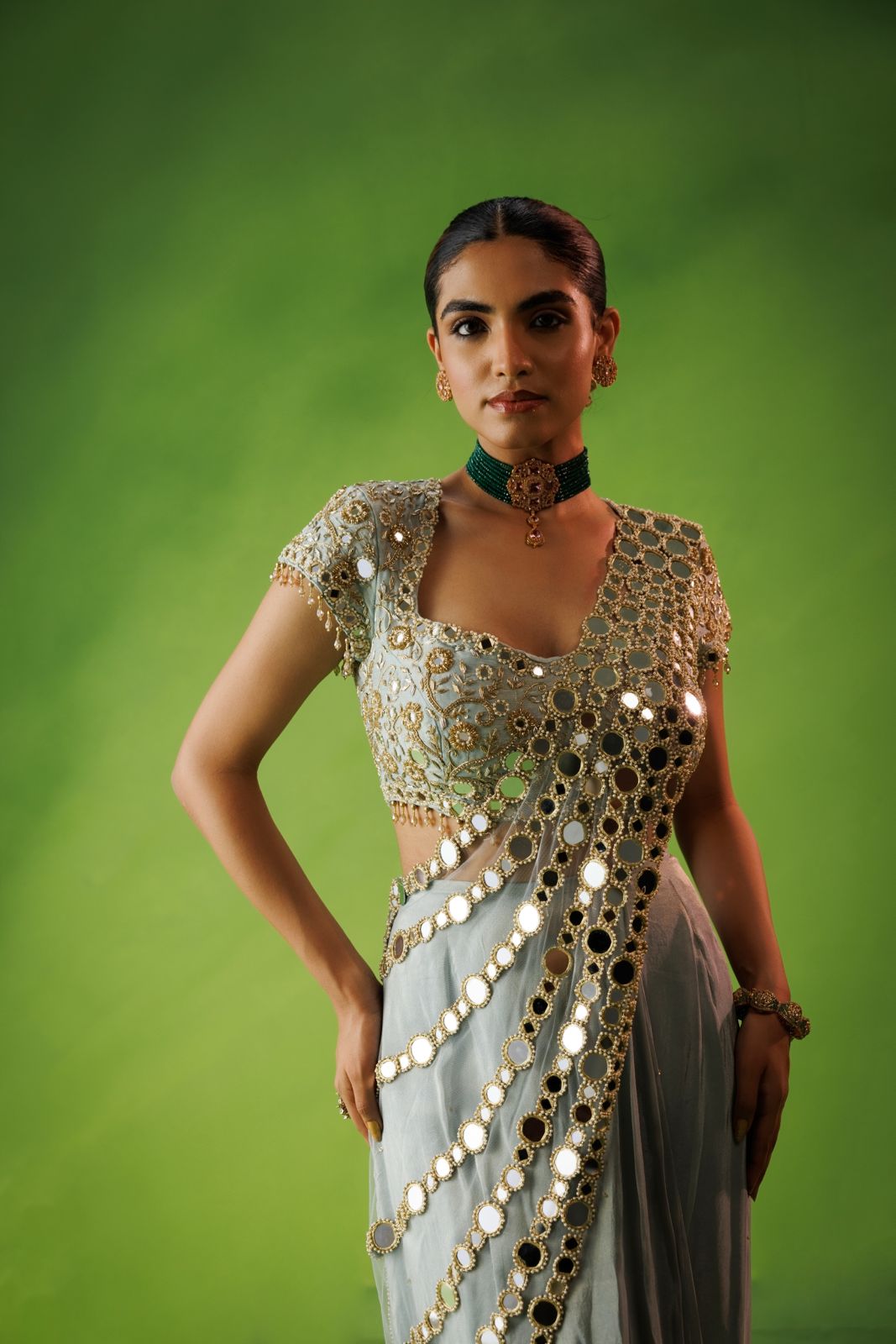 Powder blue mirror drape saree set