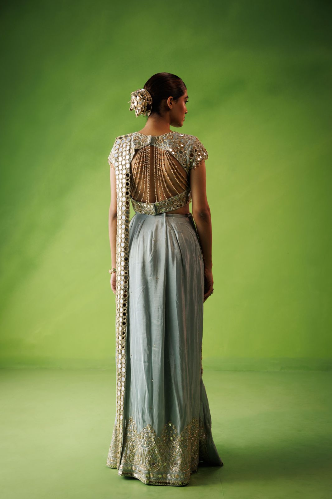 Powder blue mirror drape saree set