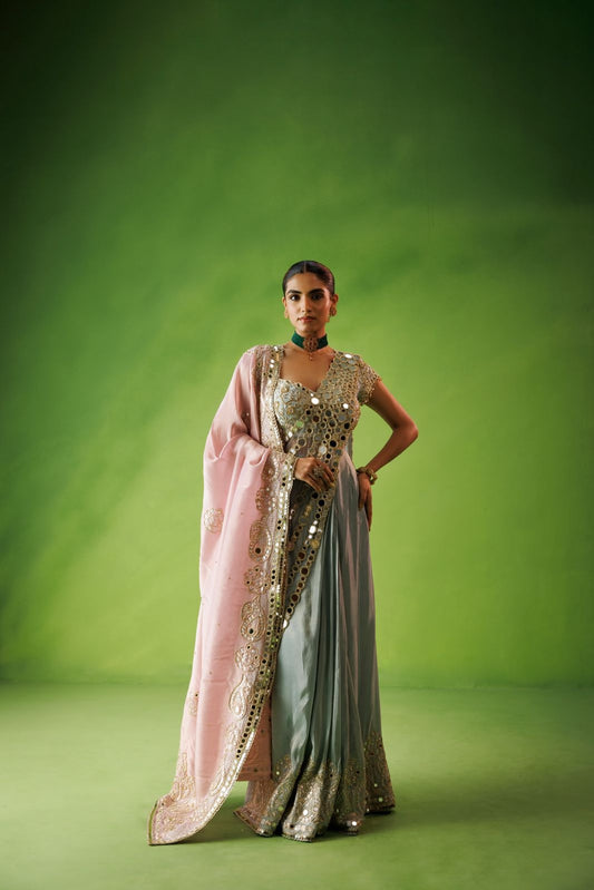 Powder blue mirror drape saree with pink dupatta