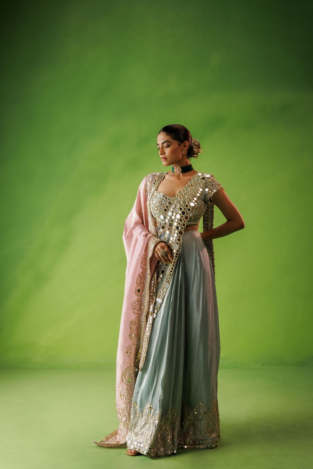 Powder blue mirror drape saree with pink dupatta
