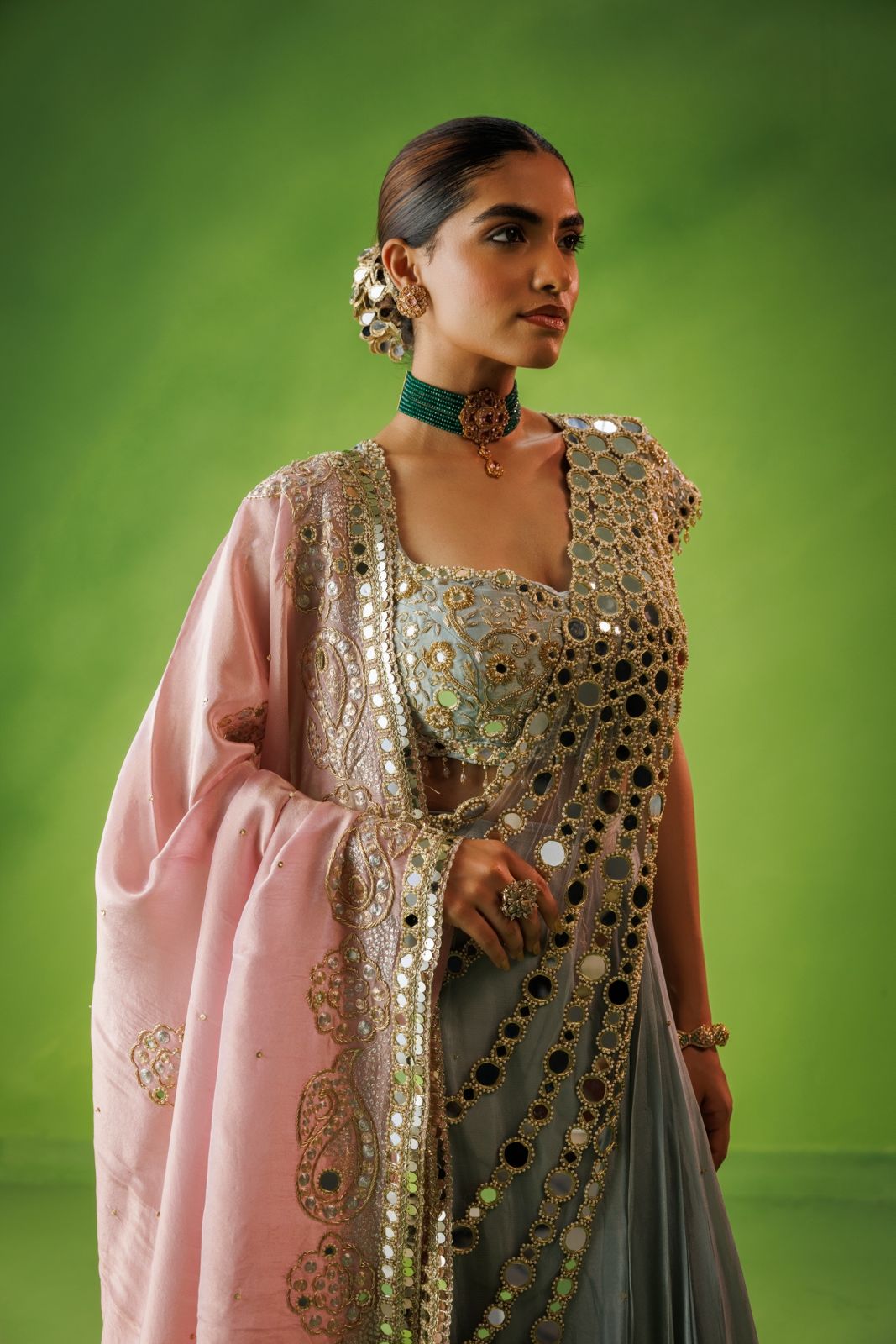 Powder blue mirror drape saree with pink dupatta