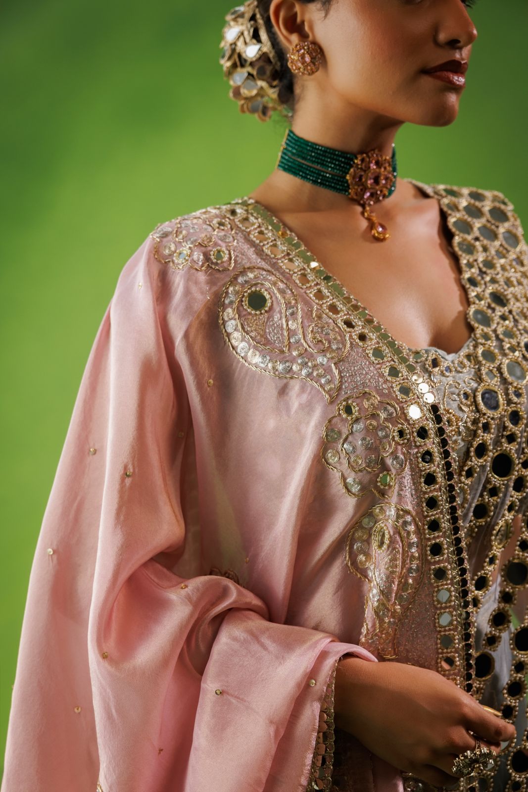 Powder blue mirror drape saree with pink dupatta