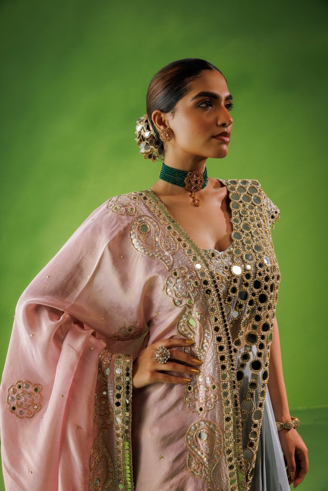 Powder blue mirror drape saree with pink dupatta