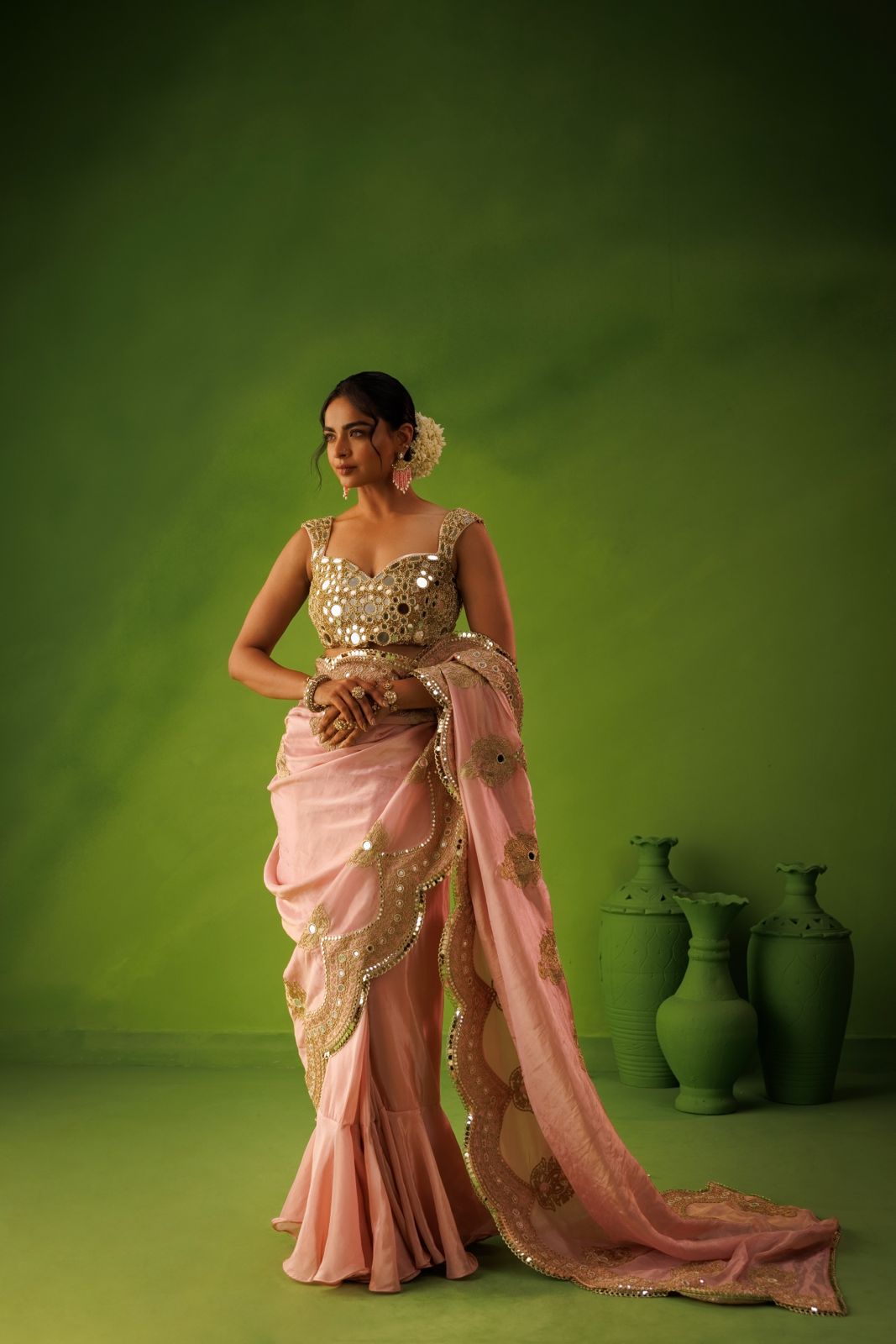 Baby Pink mirrior work saree set