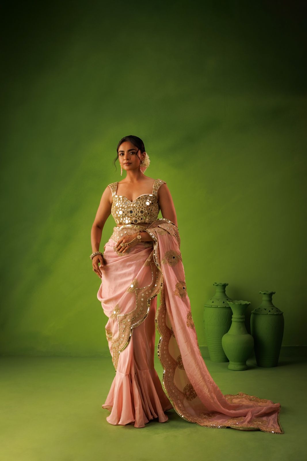 Baby Pink mirrior work saree set
