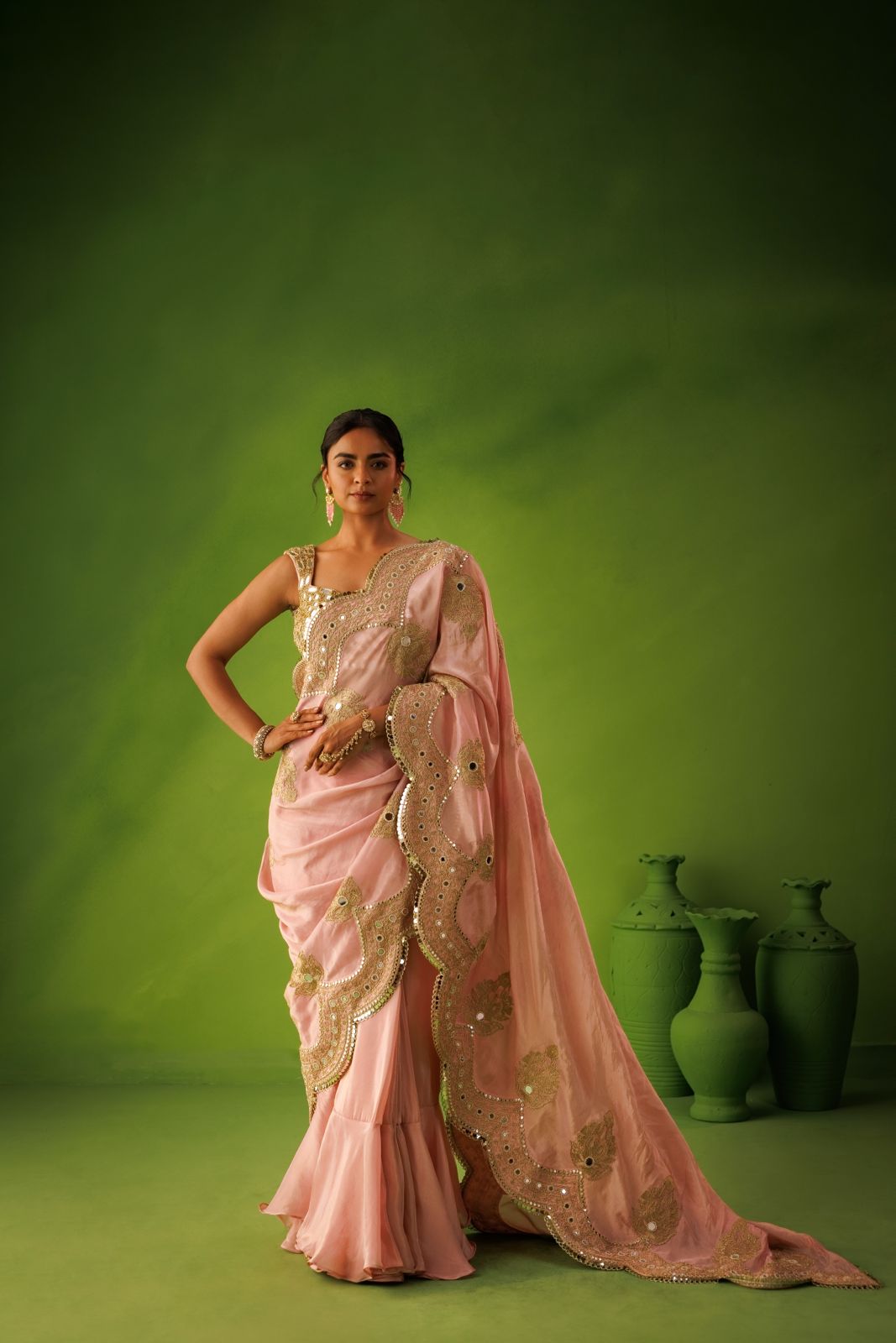 Baby Pink mirrior work saree set