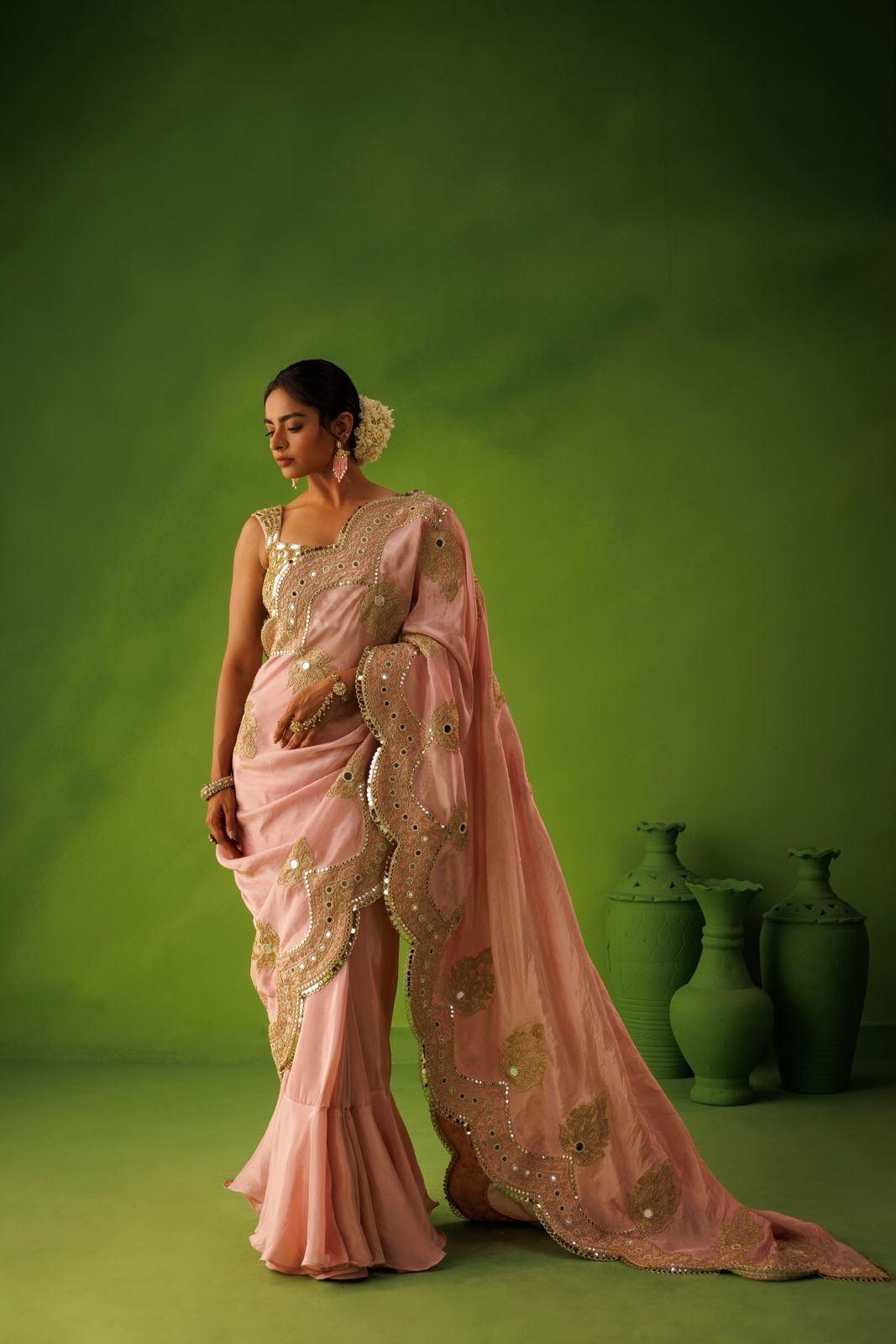 Baby Pink mirrior work saree set