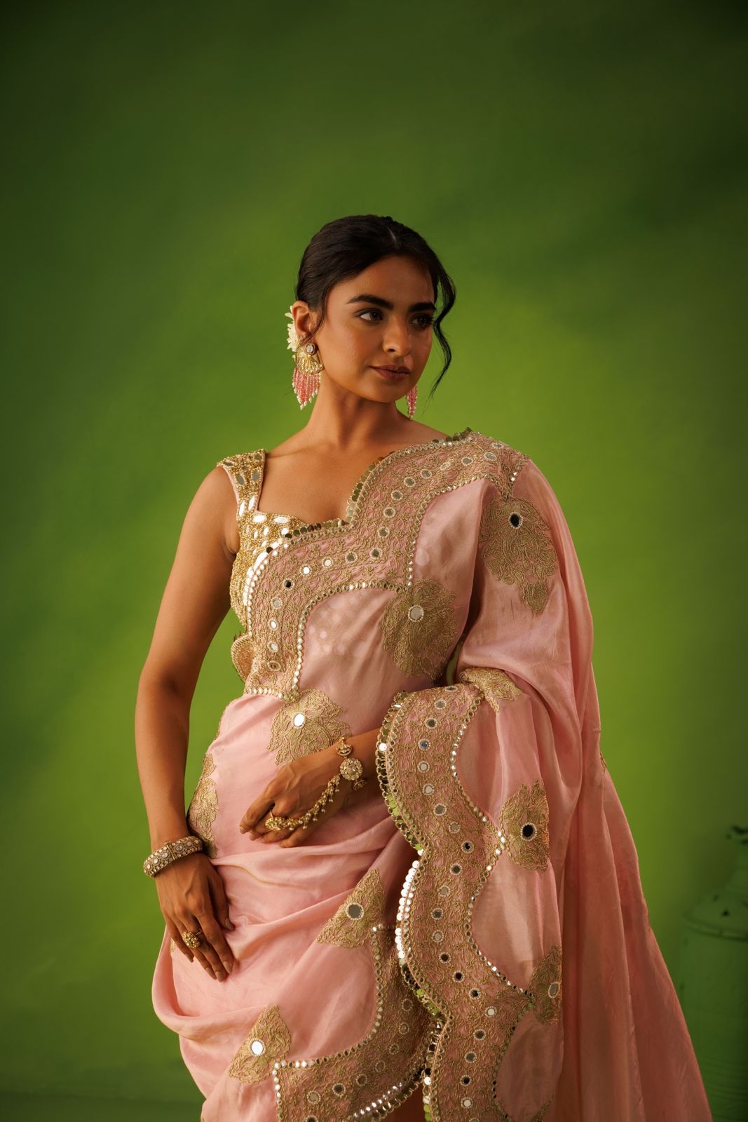 Baby Pink mirrior work saree set