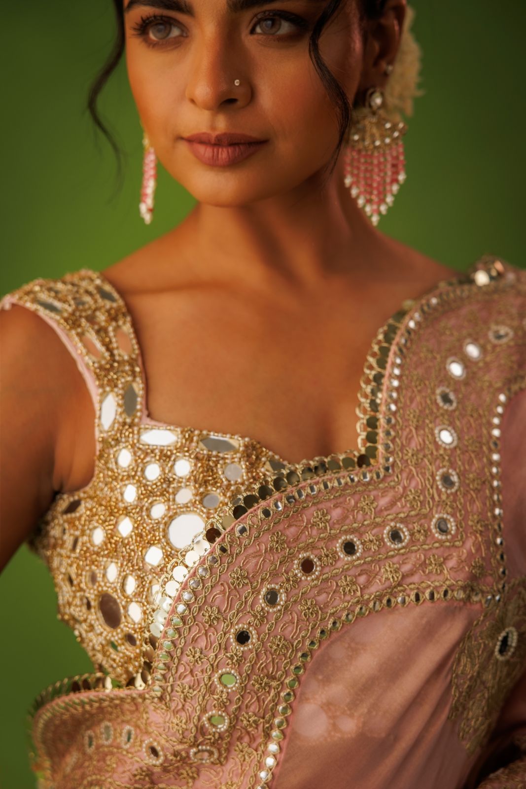 Baby Pink mirrior work saree set