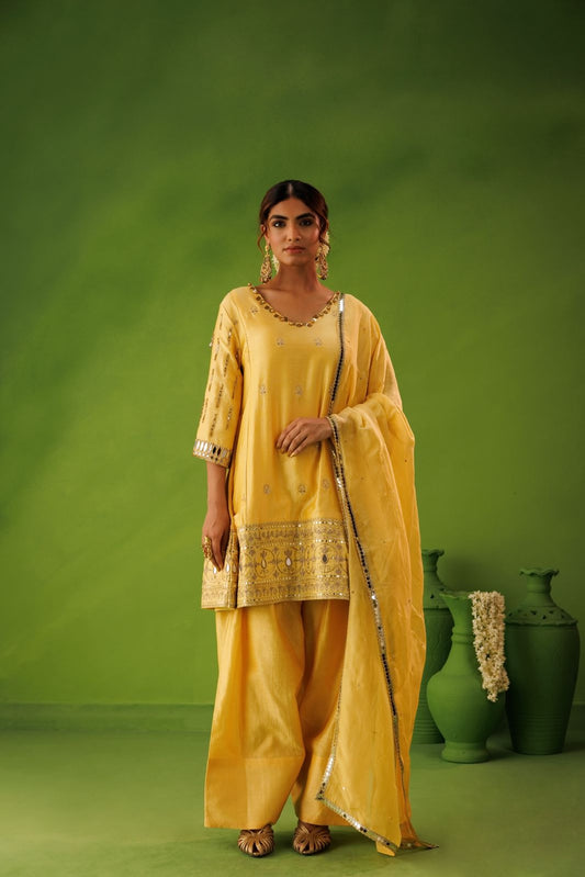 Yellow A-line mirror work farshi salwar set