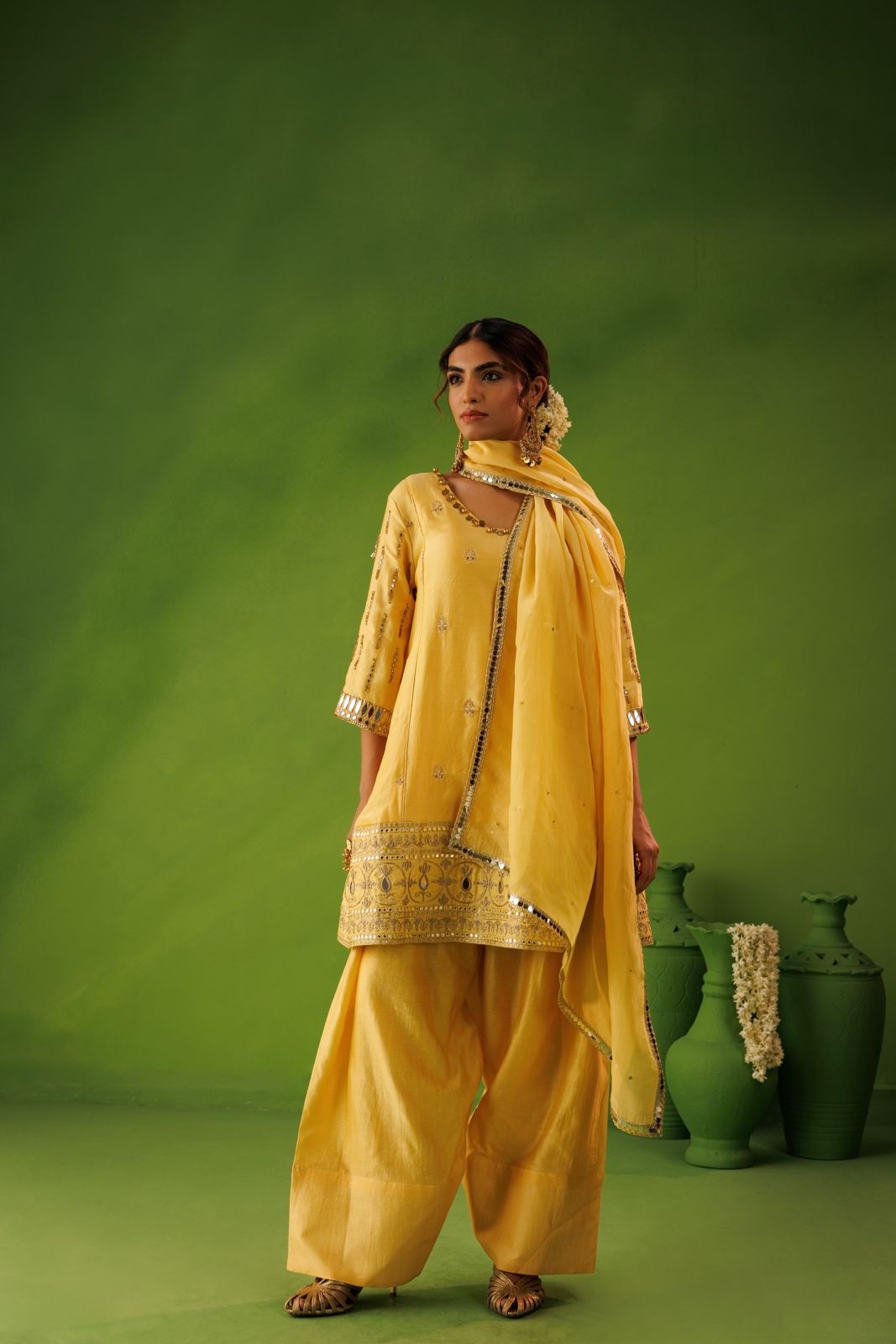 Yellow A-line mirror work farshi salwar set
