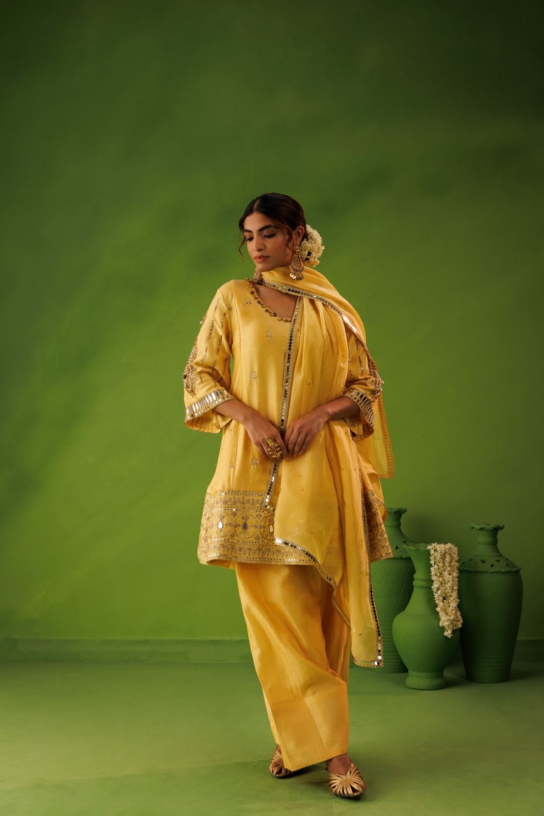 Yellow A-line mirror work farshi salwar set
