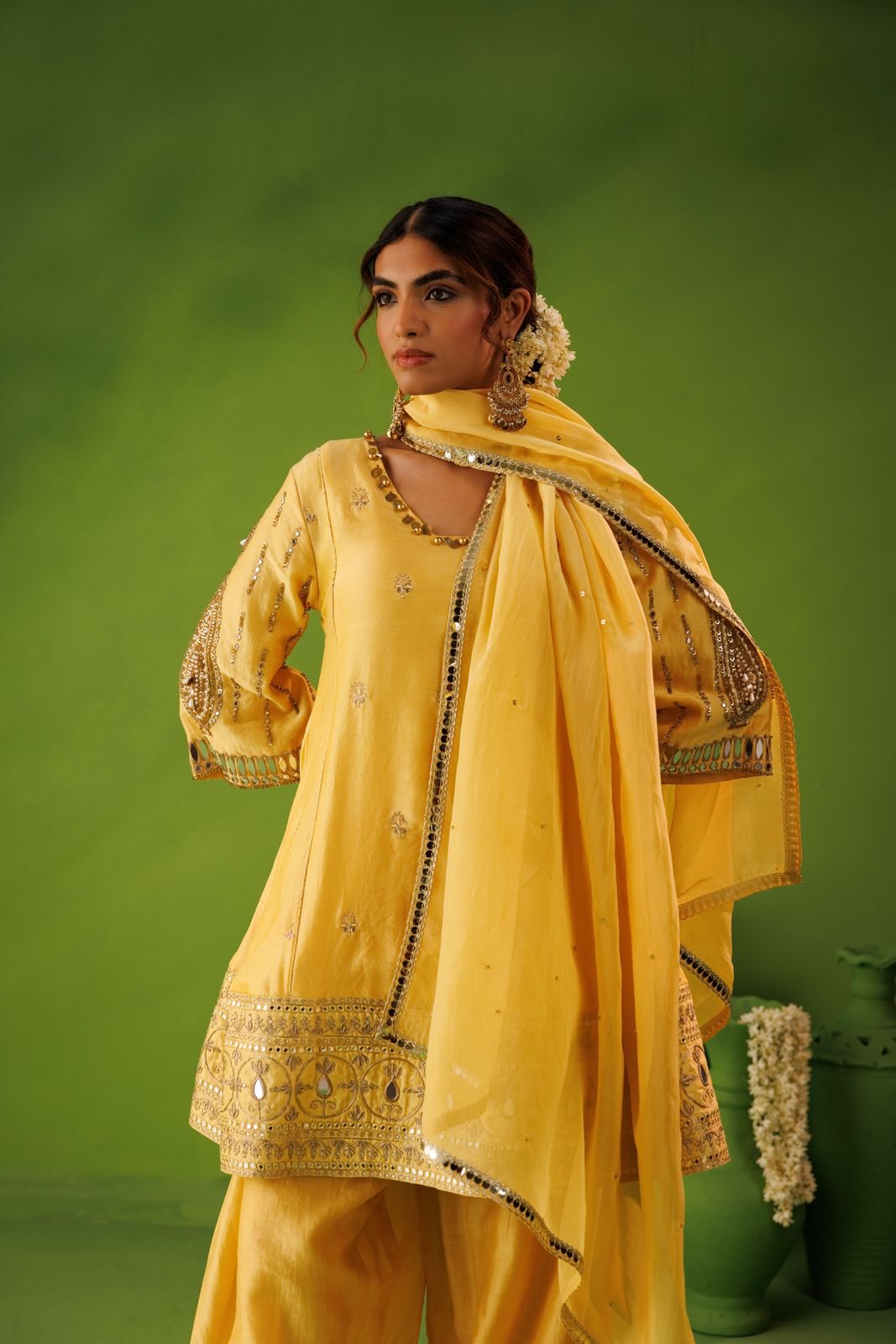 Yellow A-line mirror work farshi salwar set