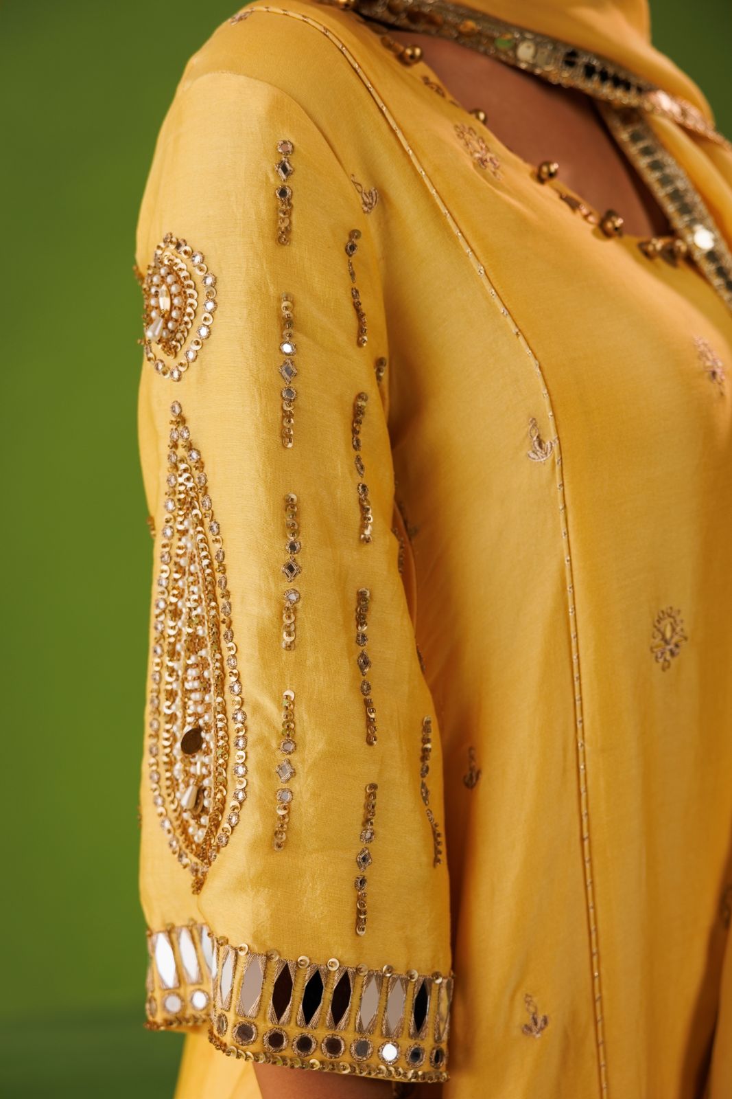 Yellow A-line mirror work farshi salwar set