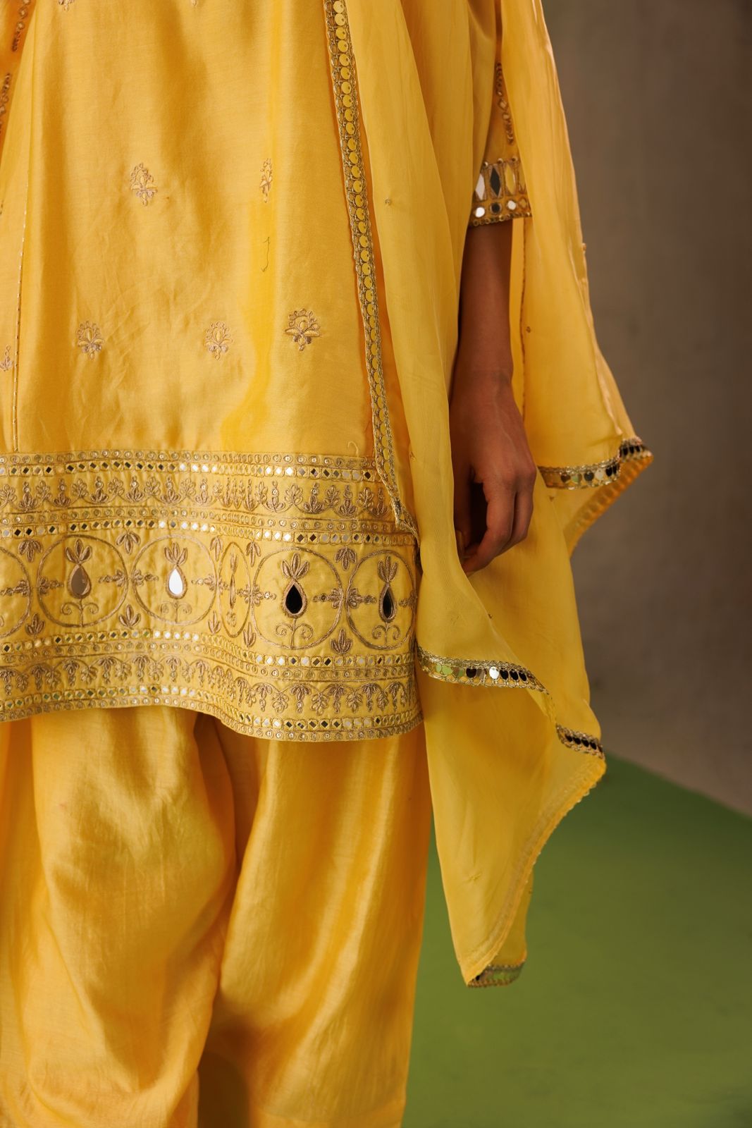 Yellow A-line mirror work farshi salwar set