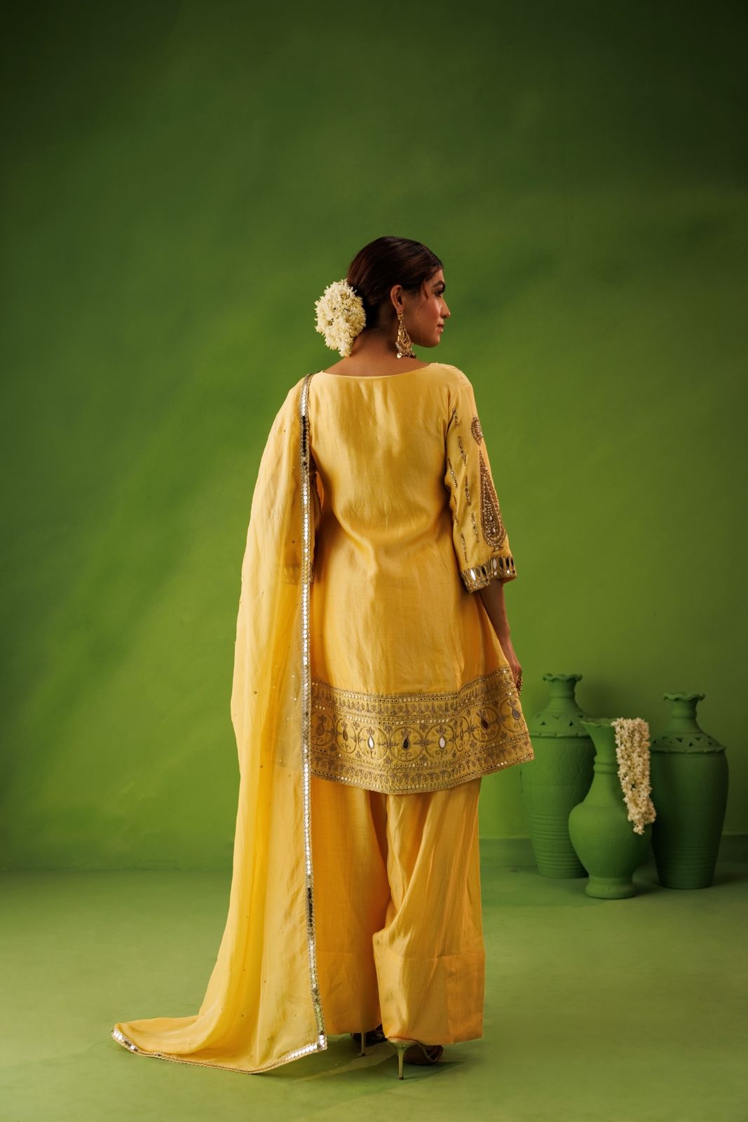 Yellow A-line mirror work farshi salwar set