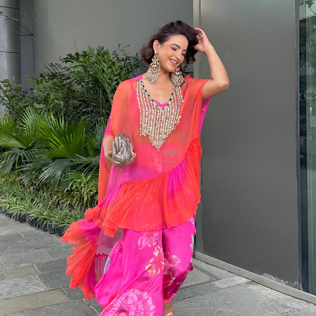 Pink and Orange ombre cape set