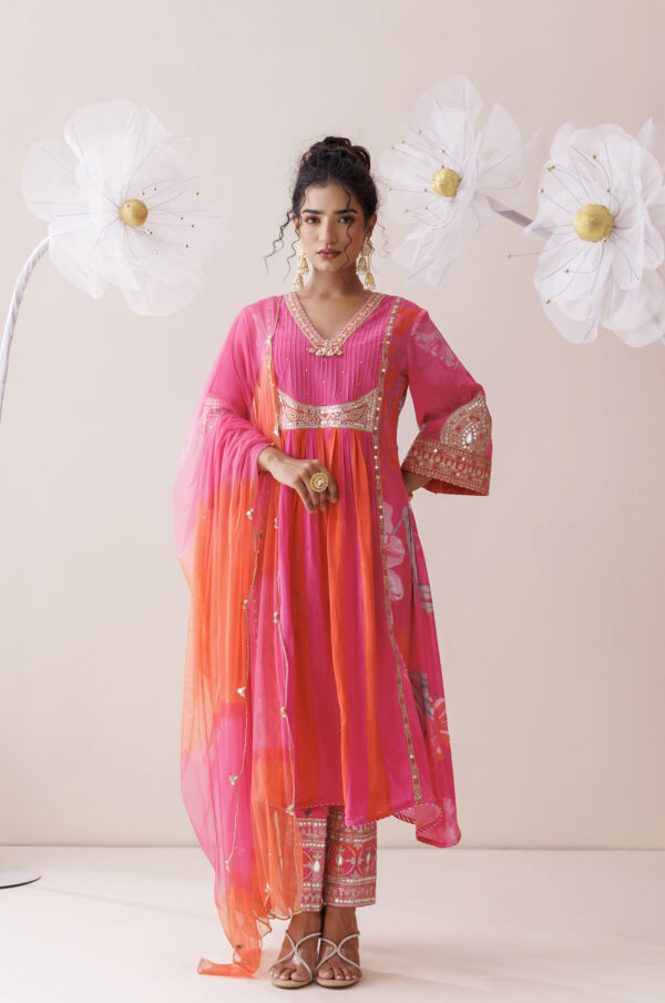 Pink and orange dori work kurta set